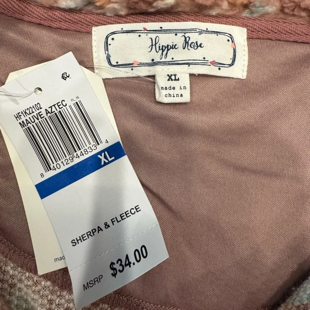 Hippie Rose Sherpa Quarter Zip Pullover Mauve Aztec  Size XL NWT